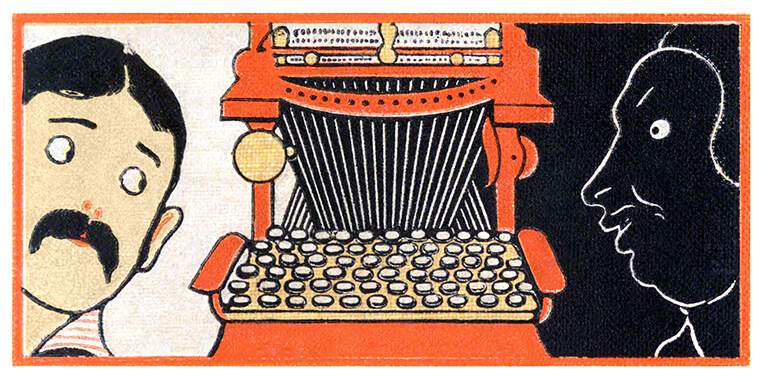 A dandy peers nervously over a magic typewriter at a malicious, shadowy figure